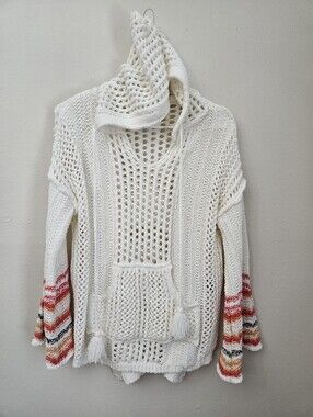 NWOT POL Boho Open Knit Crochet Hoodie Sweater Striped Sleeve Size M